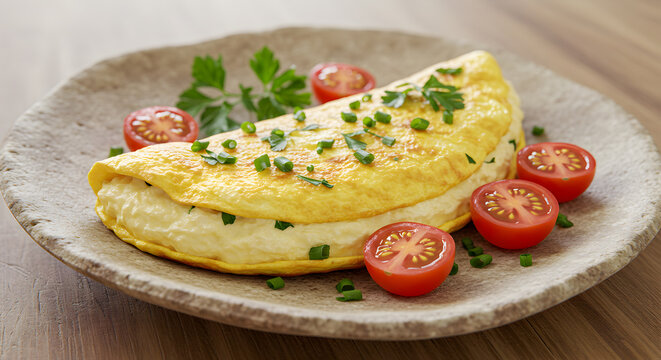 Delicious Fluffy Cheese Omelet Garnished With Fresh Herbs And Cherry Tomatoes - Powered by Adobe