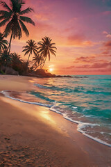 Tropical beach at sunset, palm trees gently swaying, vibrant orange and pink sky, turquoise water, ultra-realistic style
