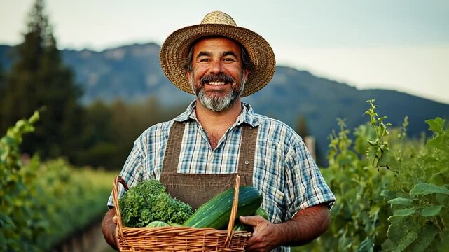 A smiling farmer stands amidst rows of grapevines, holding a basket filled with fresh vegetables. The sun sets in the background, casting a warm glow over the landscape