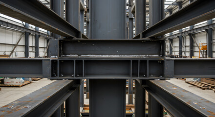 Steel Structure of Beams and Columns Construction Site Inside a Building