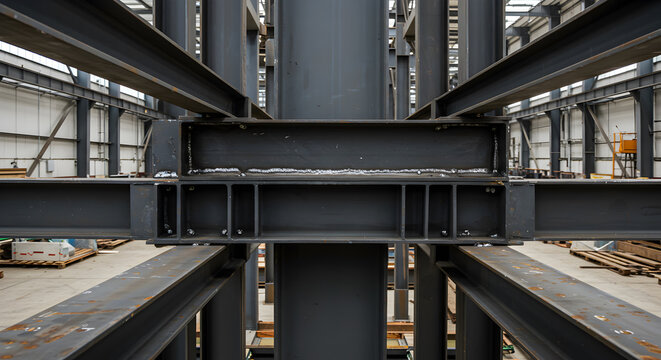 Steel Structure of Beams and Columns Construction Site Inside a Building