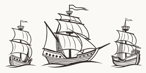 Three Sailing Ships Galleons Black and White Vector Illustration Vintage Nautical