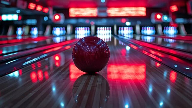 Bowling ball on lane, vibrant neon lights in background, indoor sport, leisure, entertainment
