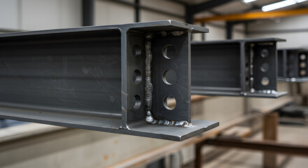 Fototapeta premium Steel Beam Structural Elements With Welding Joints in Industrial Setting