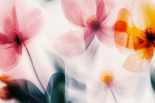 Dreamy abstract floral overlay with soft-focus pink and orange flowers in motion, featuring retro light leaks, blurred petals, and ethereal atmosphere photo filter design background