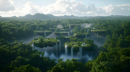 Fototapeta premium Floating Islands In Lush Tropical Rainforest Landscape