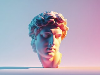 Classical Greek sculpture head reimagined with neon lighting and pastel colors, isolated against a soft gradient background with empty copy space