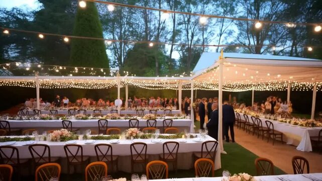 An ester event outdoor garden setup with long tables adorned with ester flowers, string lights hanging overhead, and soft evening light casting a peaceful ambiance.
