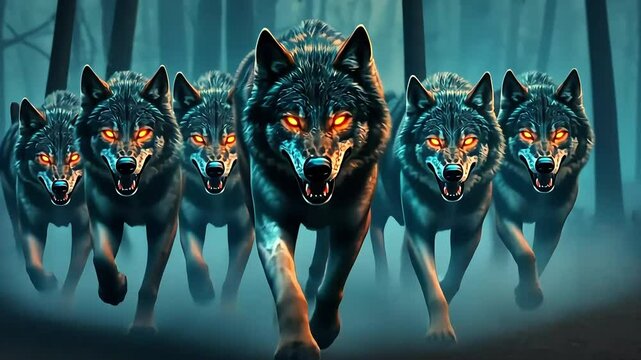 A pack of fierce wolves with glowing eyes running through a misty forest at dusk