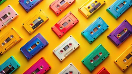 Obraz premium Vibrant Retro Audio Cassettes Arranged in a Colorful Pattern on a Yellow Background