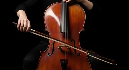 Fototapeta premium Close up of a cello being played with a bow against a black backdrop