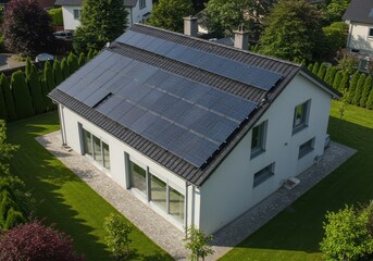 Aerial view of a house with solar panels on the roof surrounded by green lawns and lush trees