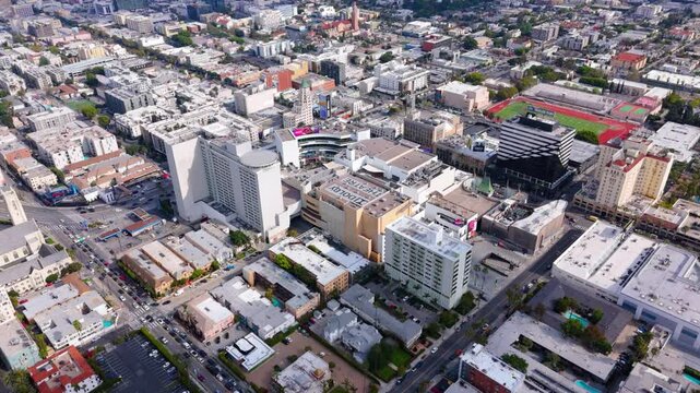 Aerial Backward Flight Over Dolby Theatre and Hollywood Cityscape, Los Angeles - April 5, 2025