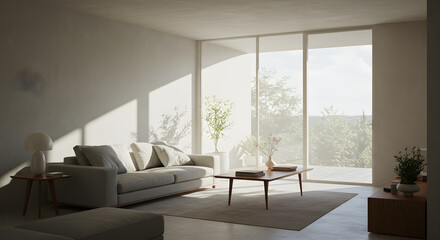 Sunlight Streaming Through Floor-To-Ceiling Windows In A Minimalist Living Space
