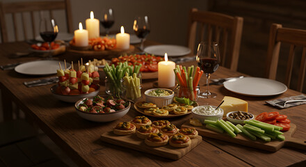 Fototapeta premium Elegant Dinner Party Table Setting with Appetizers and Candlelight