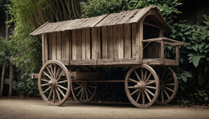 Obraz premium Rustic Wooden Wagon: A timeless scene of a rustic wooden wagon, evoking nostalgia, historical, with its aged texture and classic design set against a natural backdrop.