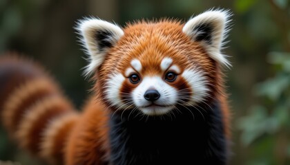 Fototapeta premium Radiant Red Panda Portrait: A captivating close-up of a vibrant red panda, its expressive face and fluffy tail filling the frame, set against a blurred natural background. 