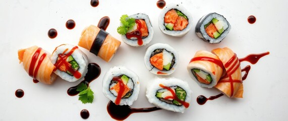 Obraz premium Delicious sushi assortment with fresh ingredients and unique flavors ready to enjoy Generative AI
