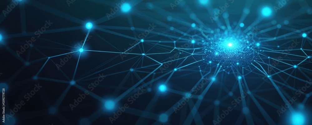 Aufkleber Abstract futuristic tech design with polygonal shapes on dark blue background. Digital network connection with glowing lines, dots. Modern tech background concept for science, business presentations.