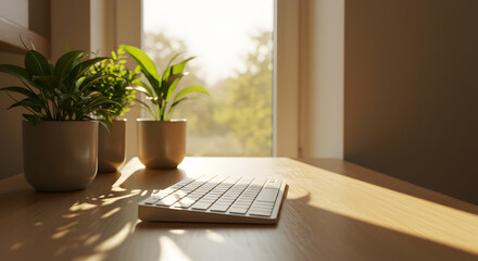 Fototapeta premium Sunlit Desk with Green Plants and Wireless Keyboard for Home Office