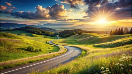 Serene Sunset Over Rolling Hills and Winding Road