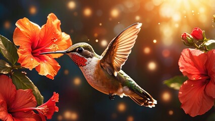 A vibrant hummingbird with iridescent blue and green feathers hovers mid-air