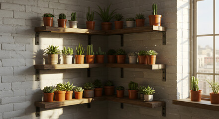 Sunlit Loft Corner with Reclaimed Wood Shelves and Potted Succulents