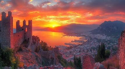 Obraz premium Majestic sunset over coastal city, ancient ruins silhouetted against vibrant sky