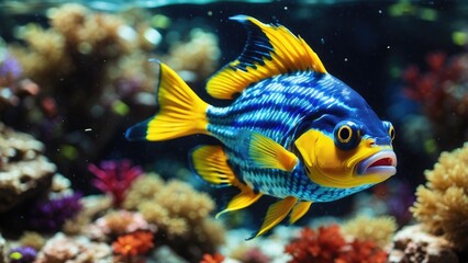 Obraz premium A vibrant blue fish with distinctive yellow spots and a yellow-fringed fin is shown in close-up.