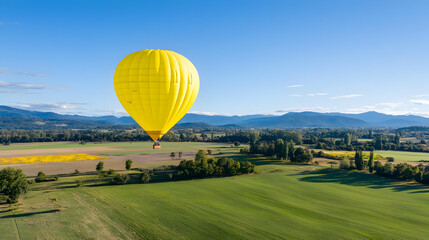 Fototapeta premium Yellow Hot Air Balloon Over Rural Landscape