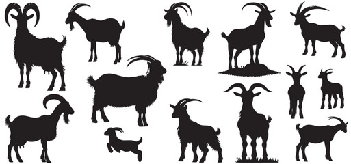 Naklejka premium Collection Of Goat Silhouettes black isolated on white background, Set of silhouettes of goats on a white background. Vector illustration, Goat silhouette