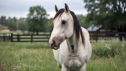 Fototapeta premium Graceful Grey Horse in a Lush Meadow