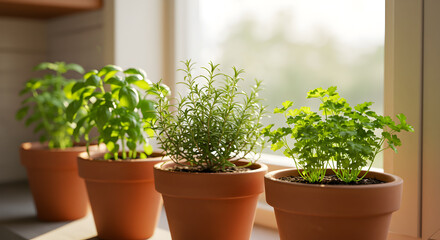 Fototapeta premium Kitchen Herb Garden In Terracotta Pots Bathed In Soft Daylight