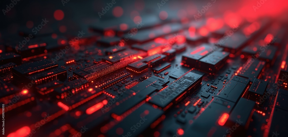 Fototapete Abstract tech background. Red, black color scheme with futuristic design elements. Digital data flow on circuit board. High-tech innovation concept for presentations. Modern minimalistic design,
