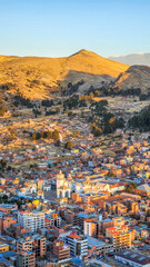 PANORAMIC VIEW OF COPACABANA AT SUNSET FROM CERRO EL CALVARIO..