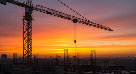Construction Crane Silhouette Against Vibrant Dawn Sky Industrial Scene