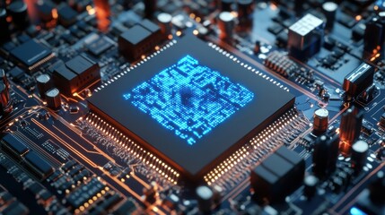 Fototapeta premium Quantum Processor Glowing with Binary Holographic.