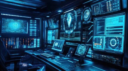 Obraz premium Futuristic Quantum Computer Setup with Vibrant Qubi