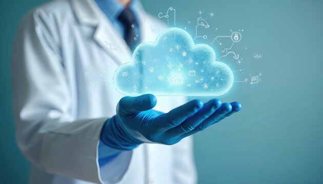 Medical worker, doctor touch cloud computing icon network. Cloud tech, data transfer, online data storage for business network confidential data of medical internet storage. Healthcare, futuristic