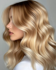 Naklejka premium Close-Up of Light Honey Blonde Wavy Hair with Natural Shine and Soft Texture