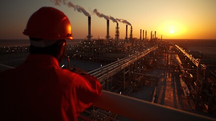 Worker sunset refinery desert oil industry