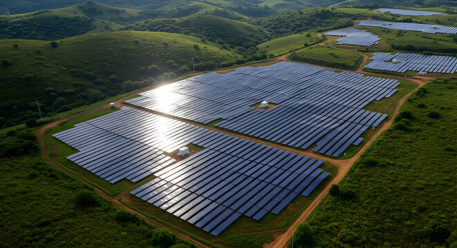 Expansive Solar Array Field With Rolling Hills Provides Renewable Energy