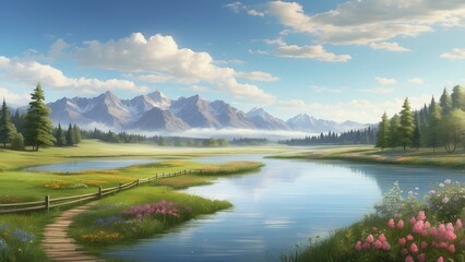 Obraz premium Illustration of a serene countryside landscape featuring a clear pond in the foreground