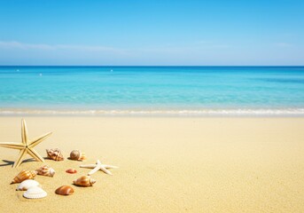 Naklejka premium A serene beach scene with seashells and starfish scattered on the golden sand near the turquoise ocean