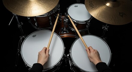 Obraz premium Overhead shot of a drum set with hands holding drumsticks in action