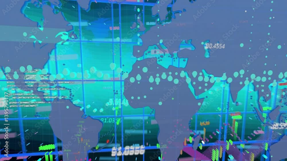 Poster animation showing world map with data points over digital grid background