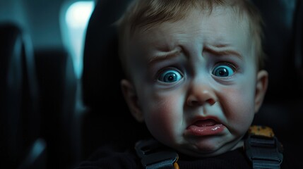 Scared baby in car seat, dark interior