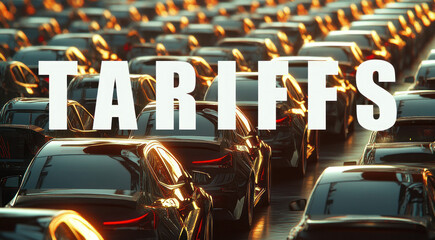 Rows of cars with the word tariffs