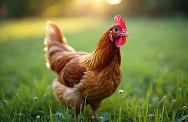 Happy free range organic chicken in meadow enjoys outdoors. Brown hen with red crest on green grass. Poultry bird on farm. Natural farming. Sustainable eco agriculture. Rural scene.