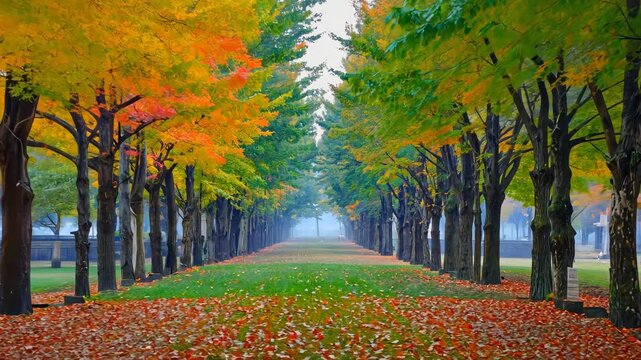 Scenic autumn park pathway lined with colorful trees and fallen leaves creating a vibrant seasonal display on the green lawn.